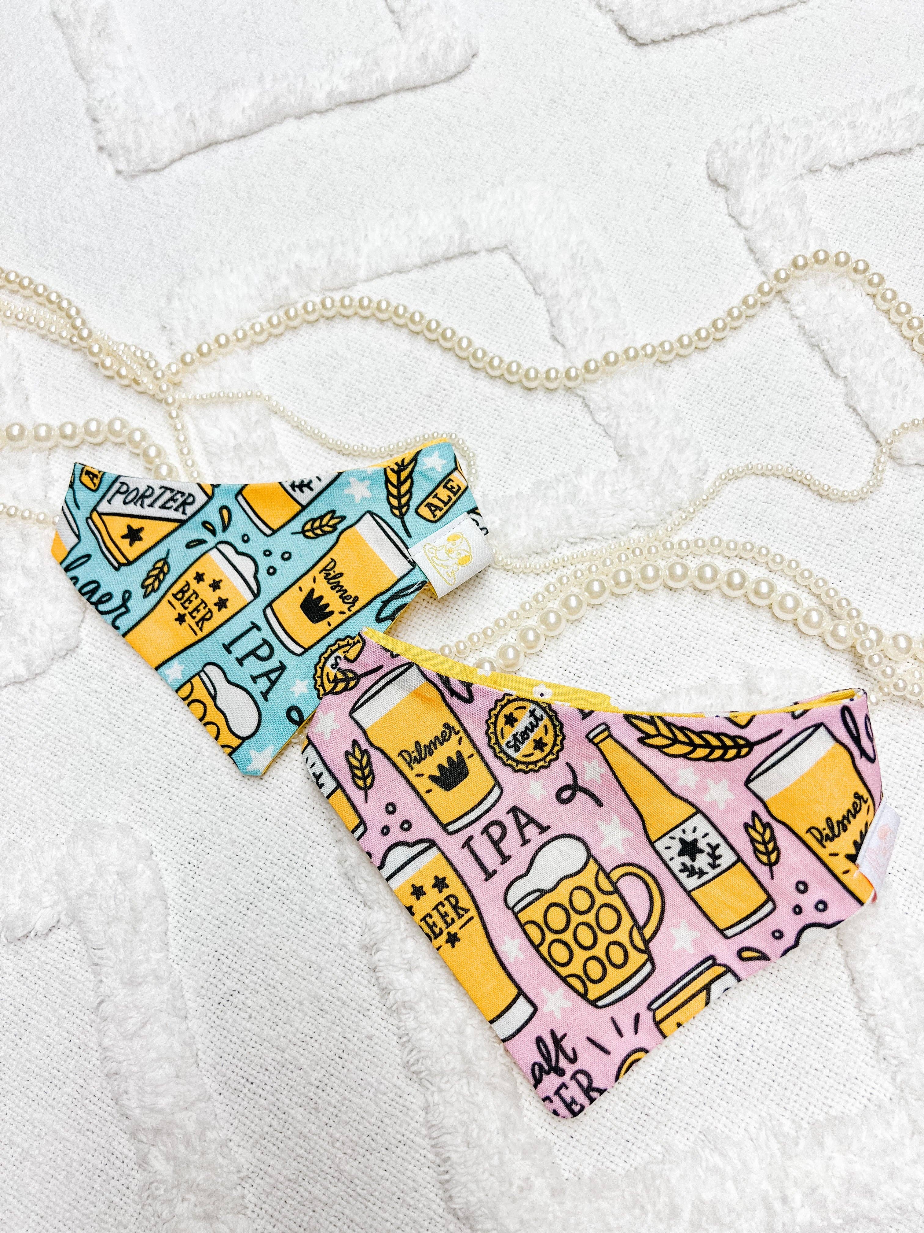 Blue Beer Reversible Dog Bandana, Drinking Pet Scarf, SnapOn - The Bougie Pet Boutique