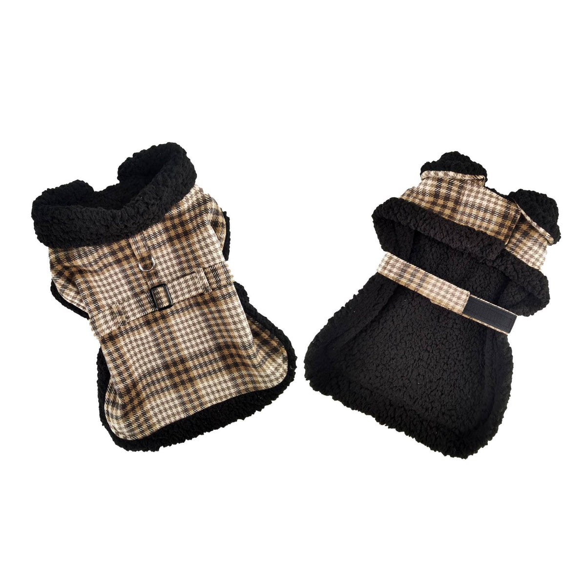 Sherpa-Lined Dog Harness Coat - Brown & White Plaid Doggie Design
