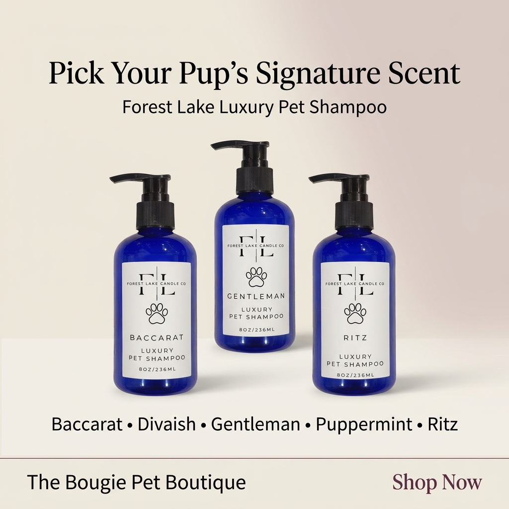 Forest Lake shampoo ad featuring Baccarat, Gentleman, and Ritz with all five scents listed
